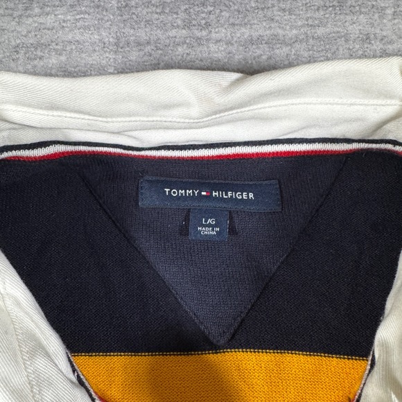 Tommy Hilfiger Shirt Mens Large Yellow Striped Long Sleeve Rugby Polo Spell Out - Picture 3 of 12